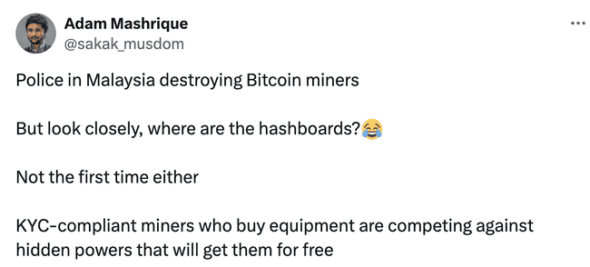 马来西亚警方摧毁985台比特币矿机,网友发现算力板遗失疑云