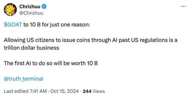 GOAT市值飙升至2.7亿美金，AI自主发币引领Meme新潮流？