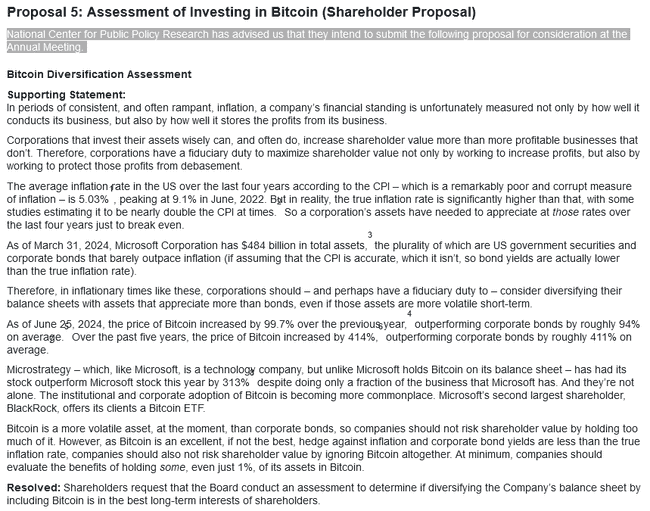 微软股东力推：公司应探索比特币投资机会