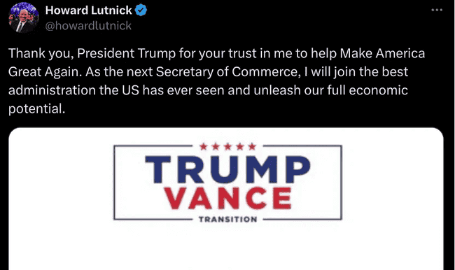 特朗普提名掌管巨额USDT储备的Howard Lutnick为商务部长：传奇人物亮相