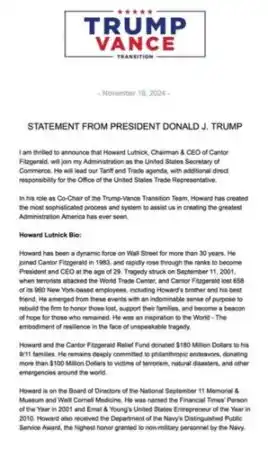 特朗普提名新商务部长Lutnick，加密领域迎新伙伴