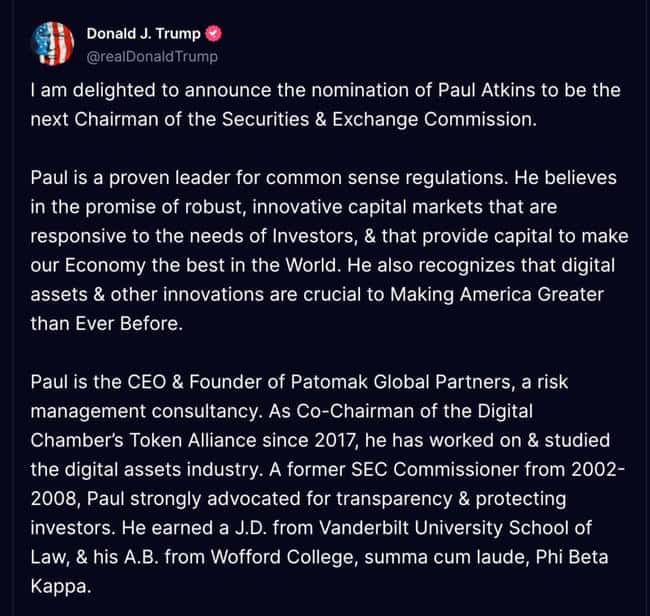 川普提名SEC新主席Paul Atkins，其加密立场如何？比特币逼近9.9万美元