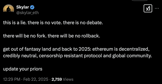 谣传！Vitalik未发起以太坊回滚投票拯救Bybit，官方证实为虚假消息
