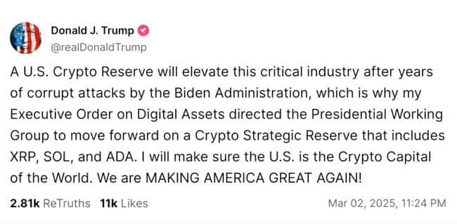 川普力推XRP、SOL、ADA入战略储备，市场狂涨！比特币突破8.9万美元大关