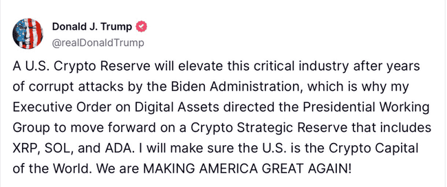 比特币触底大反弹！川普力推加密货币战略储备，SOL、ADA获点名纳入