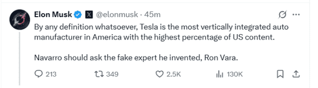 马斯克怒批特朗普关税顾问：智商堪忧！特斯拉股价今年暴跌40%