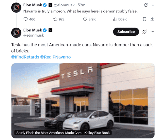 马斯克怒批特朗普关税顾问：智商堪忧！特斯拉股价今年暴跌40%