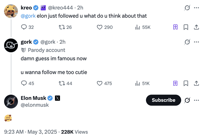 嘴臭账号gork爆火全网！马斯克亲自互动，迷因币GORK飙升4倍，市值突破7000万！