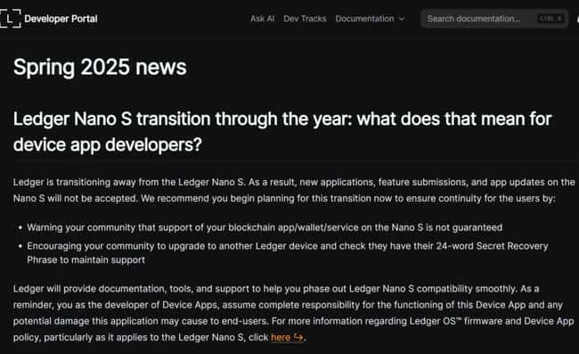 Ledger Nano S停更危机：老用户资产安全亮红灯！