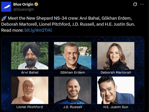 孙宇晨冲上太空？蓝色起源揭晓最年轻华人宇航员