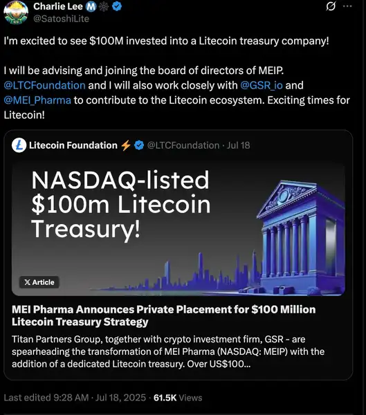 华尔街巨震！MEI Pharma莱特币金库暴涨80%，LTC再成焦点！