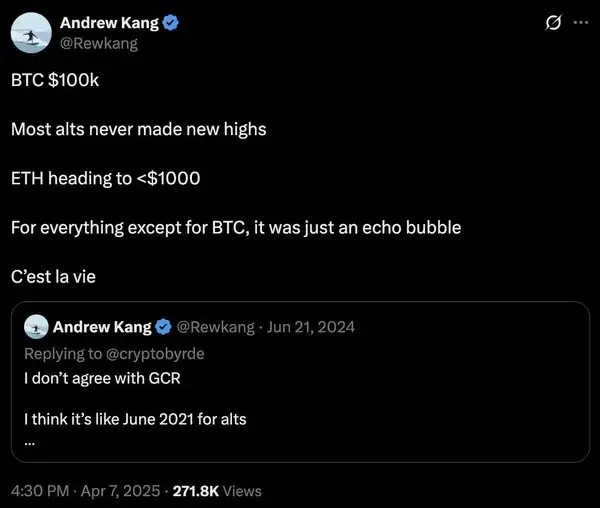 Andrew Kang直言不讳：华尔街大佬Tom Lee的ETH理论竟是“最愚蠢”！