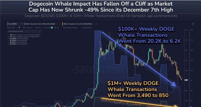 鲸鱼交易量骤减，狗狗币（DOGE）下跌趋势难止？