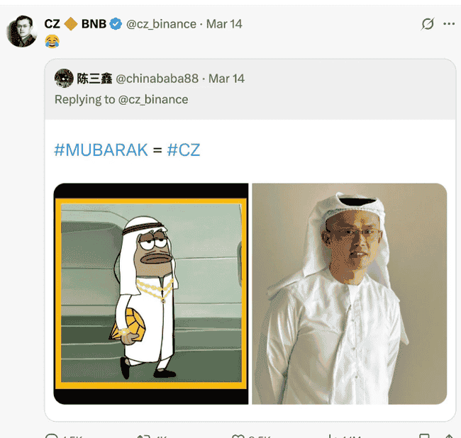 CZ概念龙头Mubarak暴涨千倍！效仿马斯克，打造专属MEME币帝国的雄心壮志！
