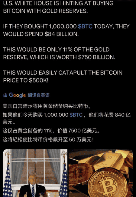 白宫筹划黄金换百万比特币计划，BTC或飙升至50万美元引领全球货币储备新篇章