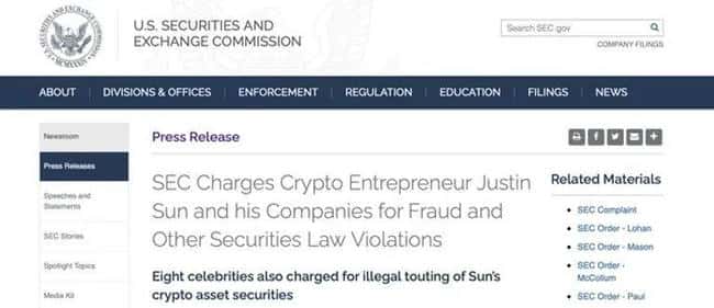 孙宇晨遭SEC起诉：波场创始人陷非法销售与操纵市场指控